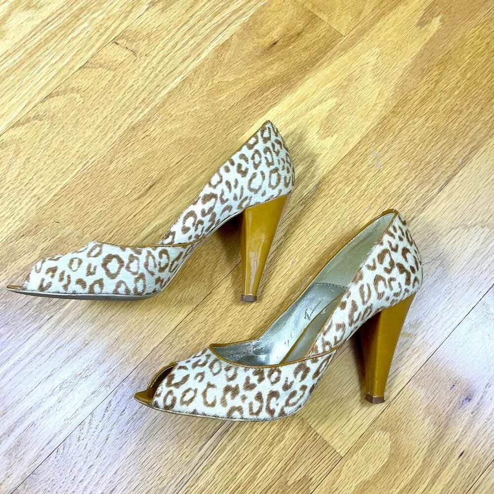 Massimo Baldi Heels Pumps Leopard Calf Hair Peep Toe (7.5)